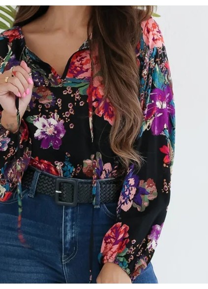 Black floral pattern bubble sleeve tie up top