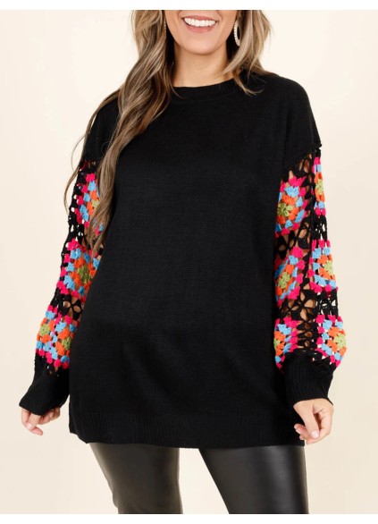 Black patchwork colorful embroidered sleeve sweater