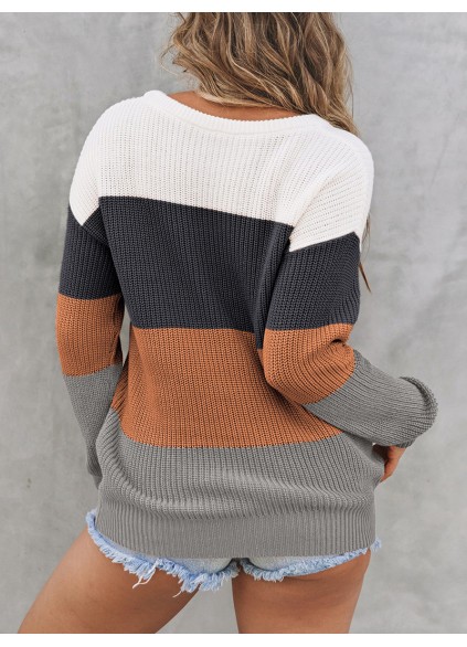 Block Knitted O-neck Pullover Sweater