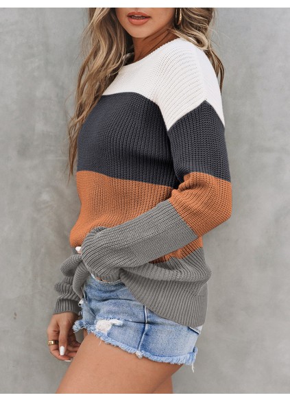 Block Knitted O-neck Pullover Sweater