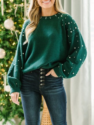 green pearl embellished sweater