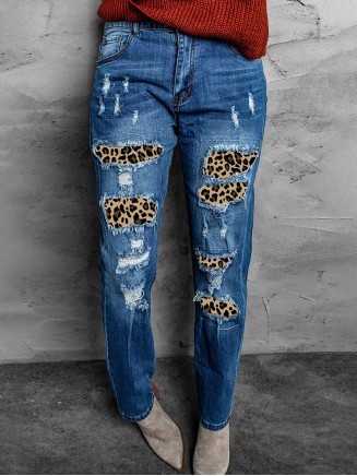 Casual leopard print patchwork jeans